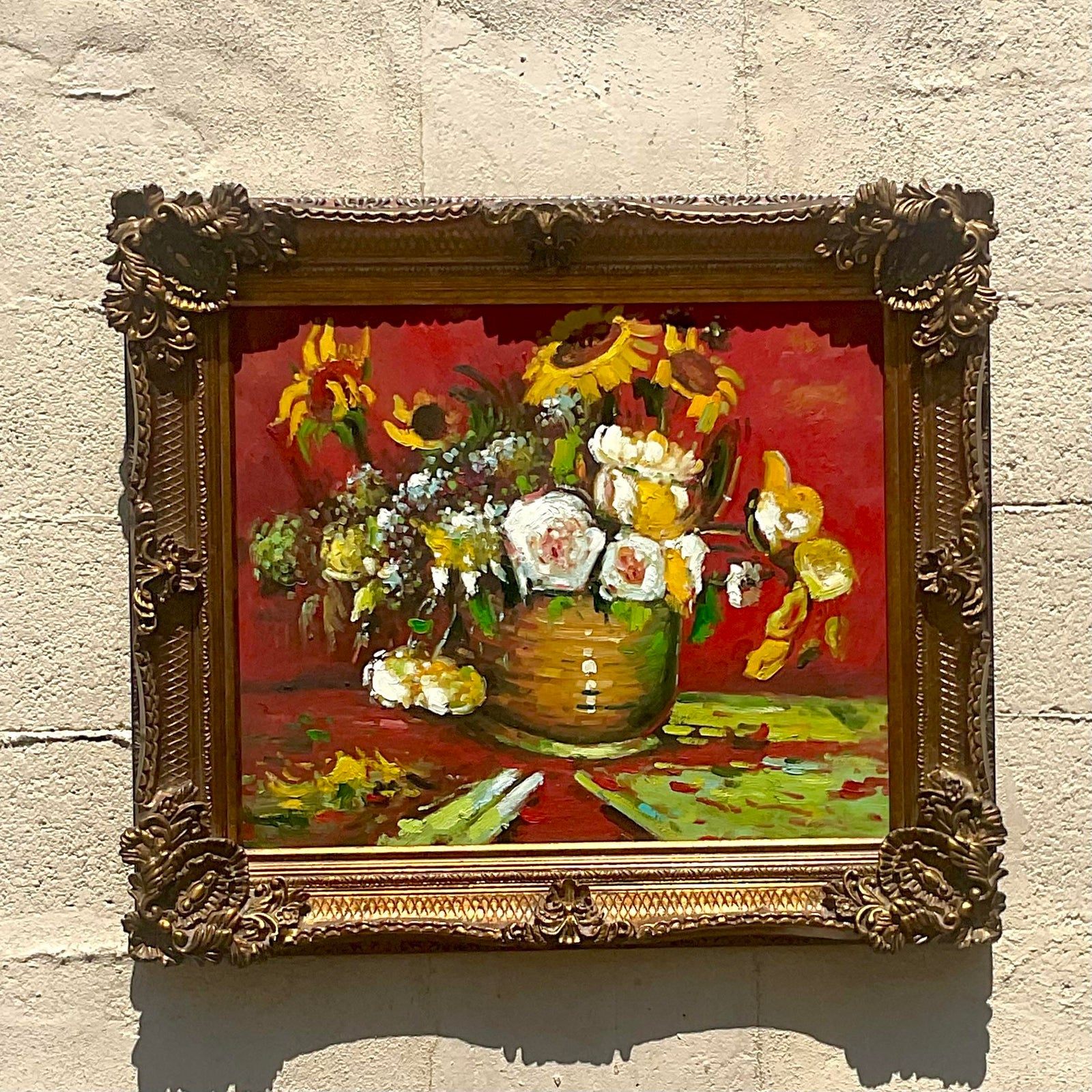 Vintage Regency Signed Floral Original Oil Painting on Canvas - Side view
