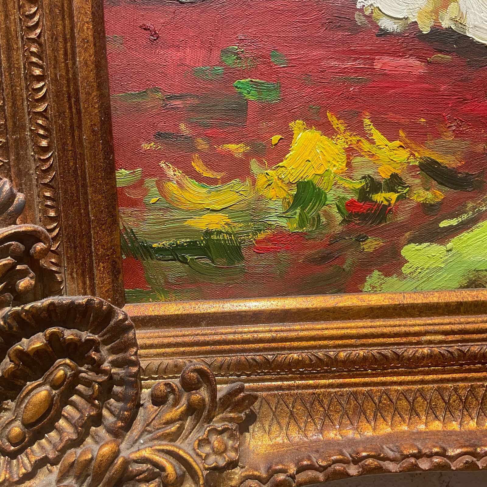 Vintage Regency Signed Floral Original Oil Painting on Canvas - Top view