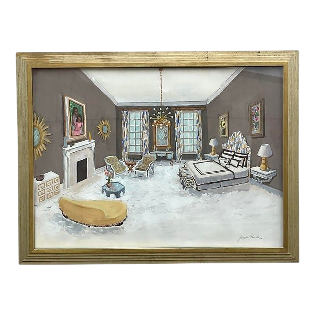 Vintage Regency Signed Interiors Painting on Paper