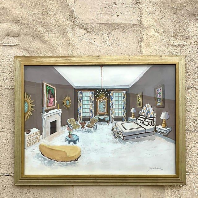 Vintage Regency Signed Interiors Painting on Paper - Detail view