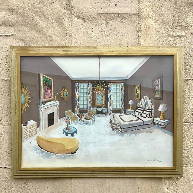 Vintage Regency Signed Interiors Painting on Paper - Side view