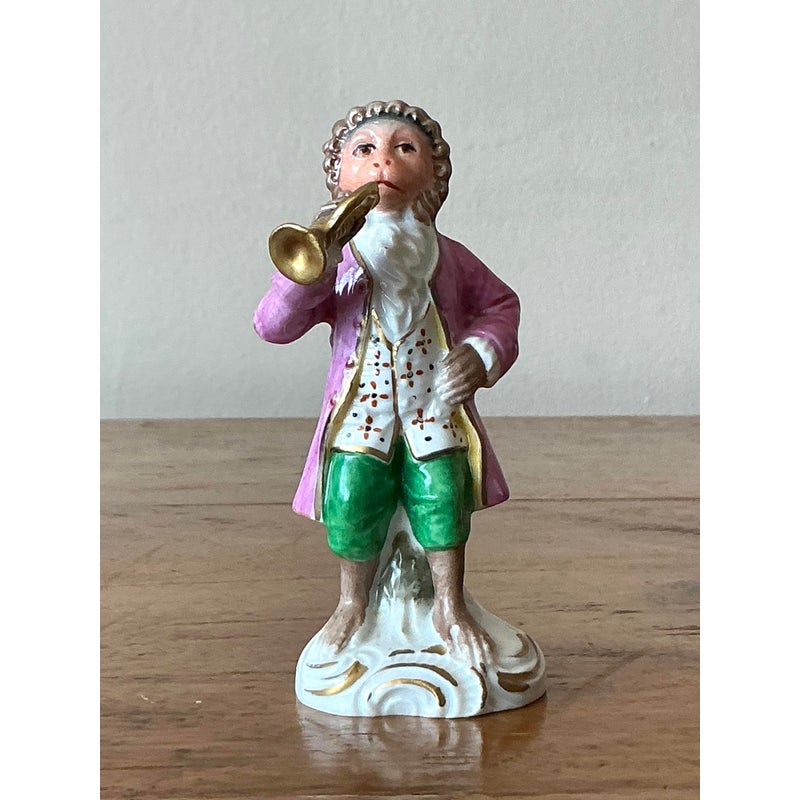 Vintage Regency Sitzendorf Porcelain Monkey Playing Trumpet - Side view