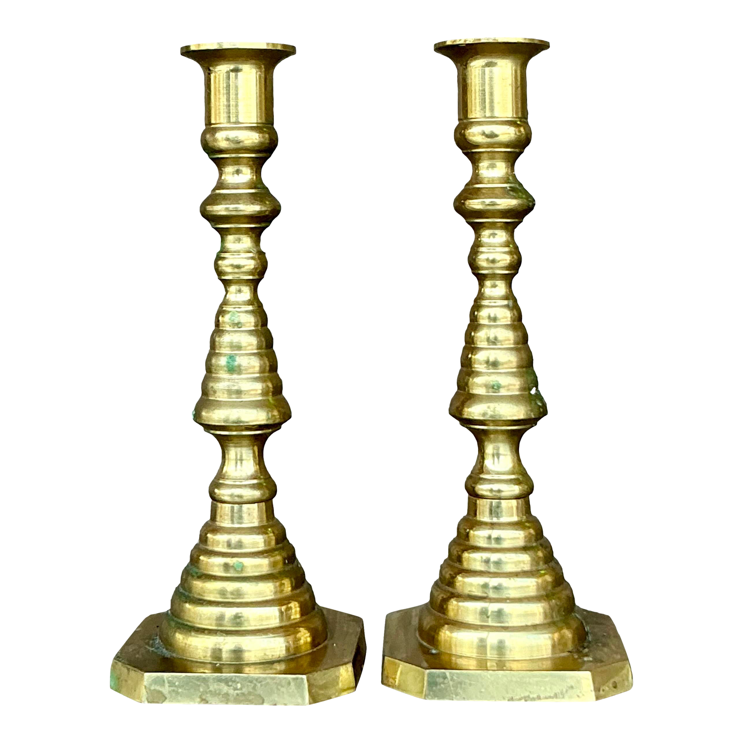 Vintage Regency Stacked Brass Candlesticks - A Pair - Detail view
