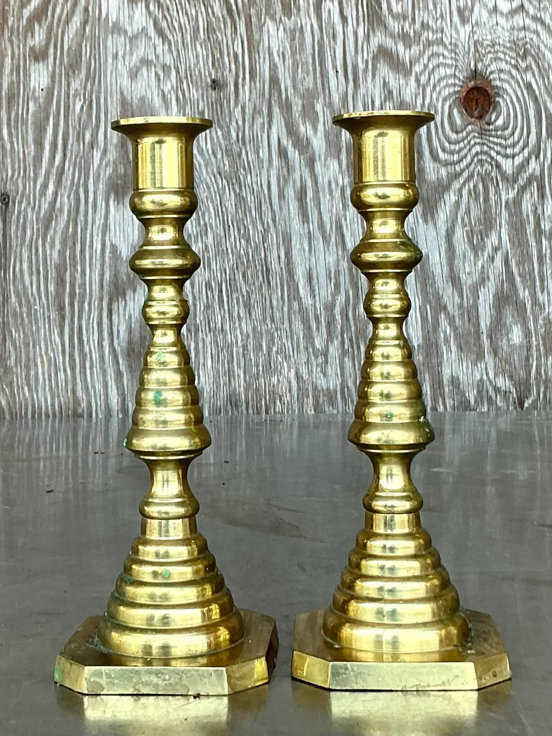Vintage Regency Stacked Brass Candlesticks - A Pair - Side view