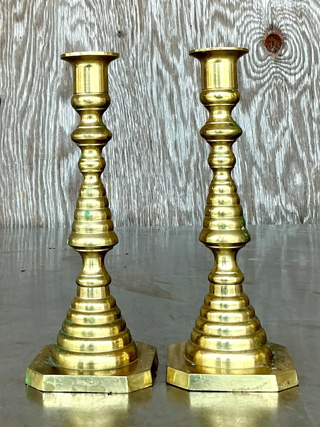 Vintage Regency Stacked Brass Candlesticks - A Pair - Back view
