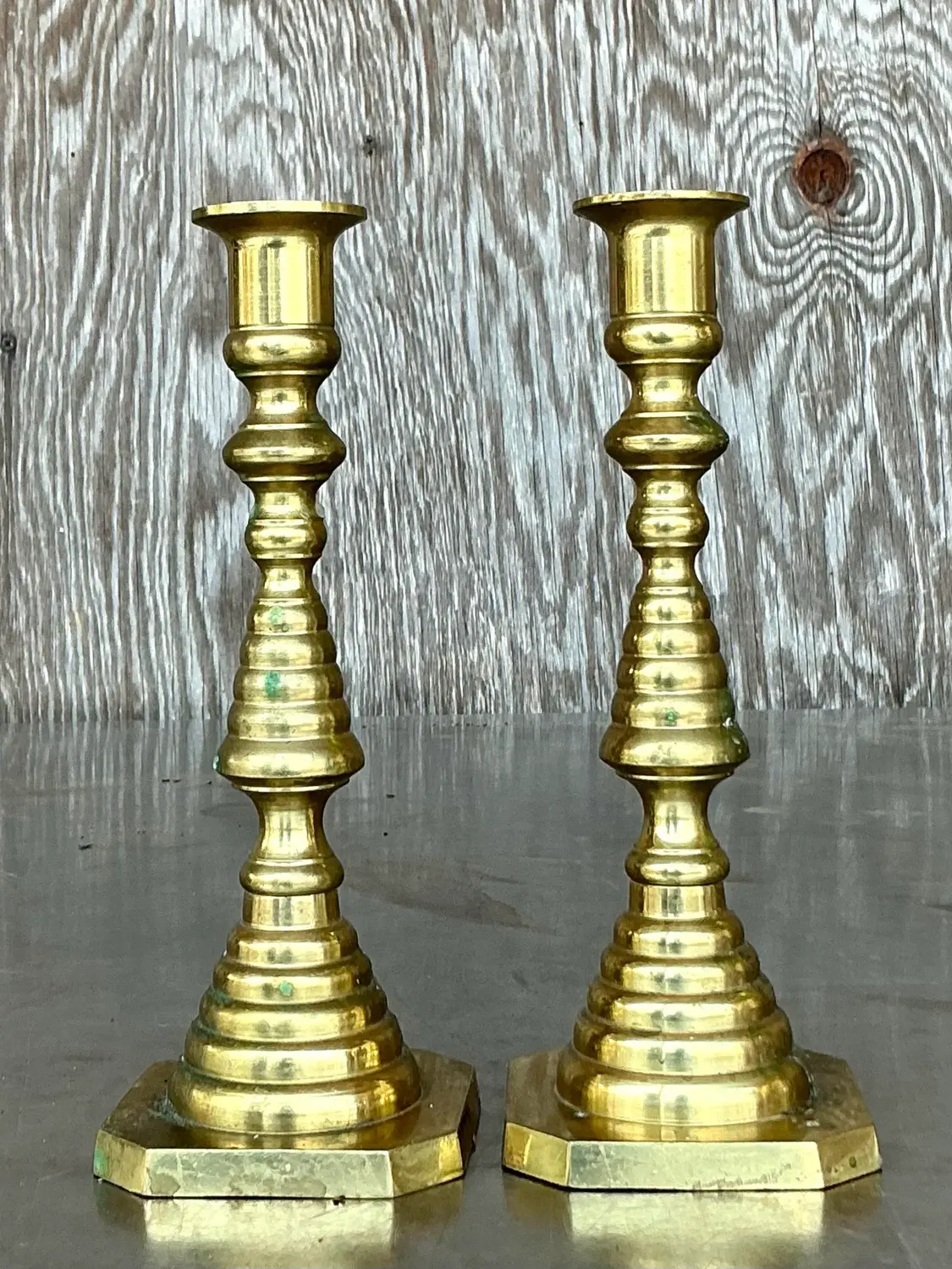 Vintage Regency Stacked Brass Candlesticks - A Pair - Top view