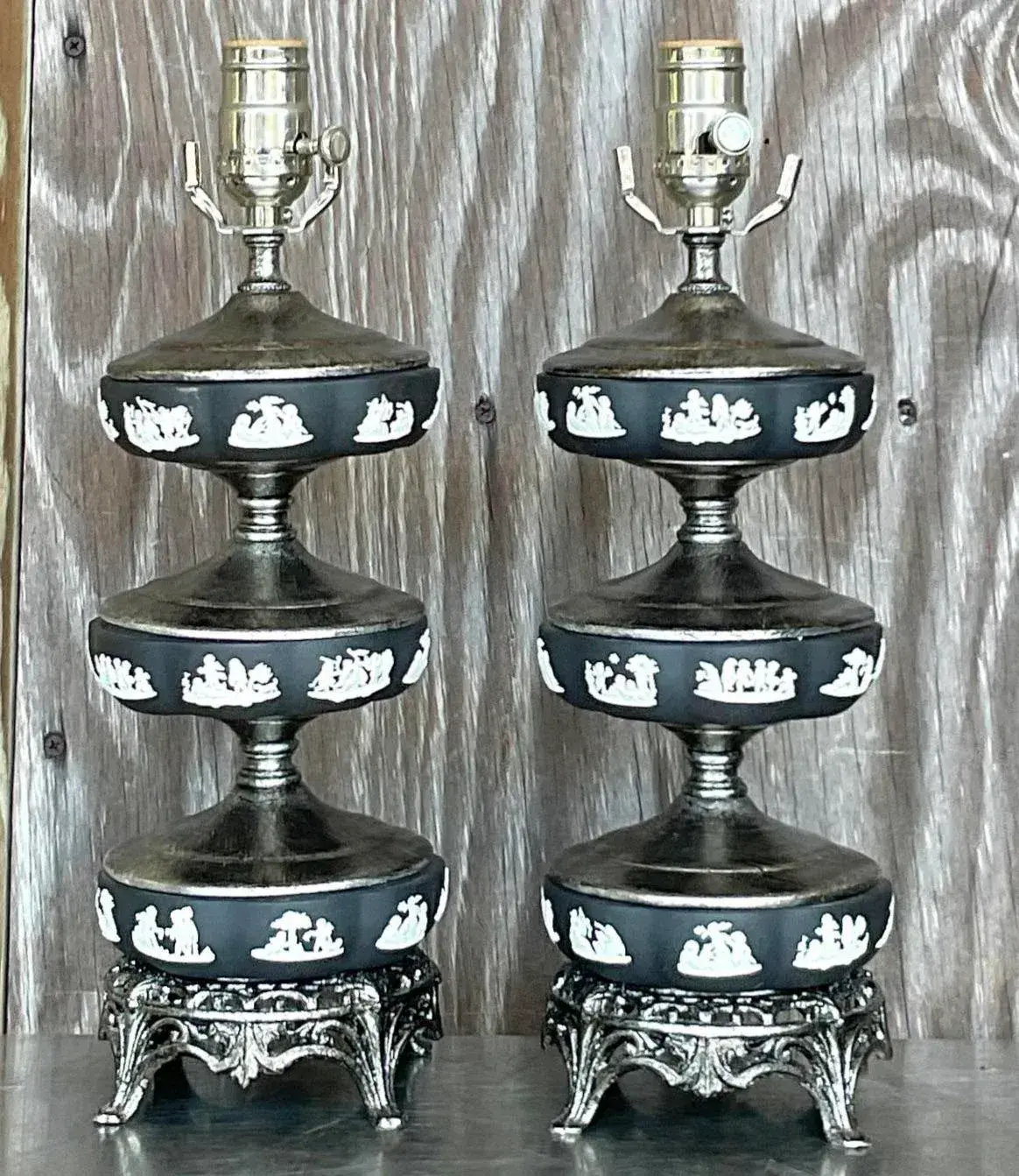 Vintage Regency Stacked Table Lamps After Wedgwood - a Pair - Detail view