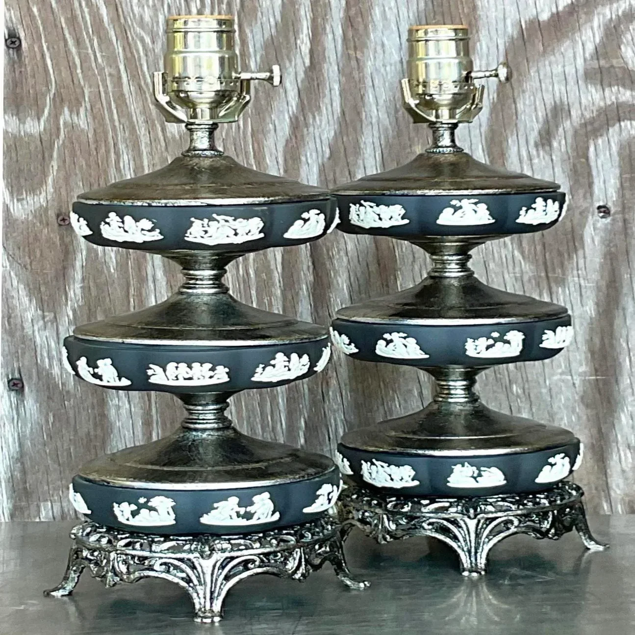 Vintage Regency Stacked Table Lamps After Wedgwood - a Pair - Top view