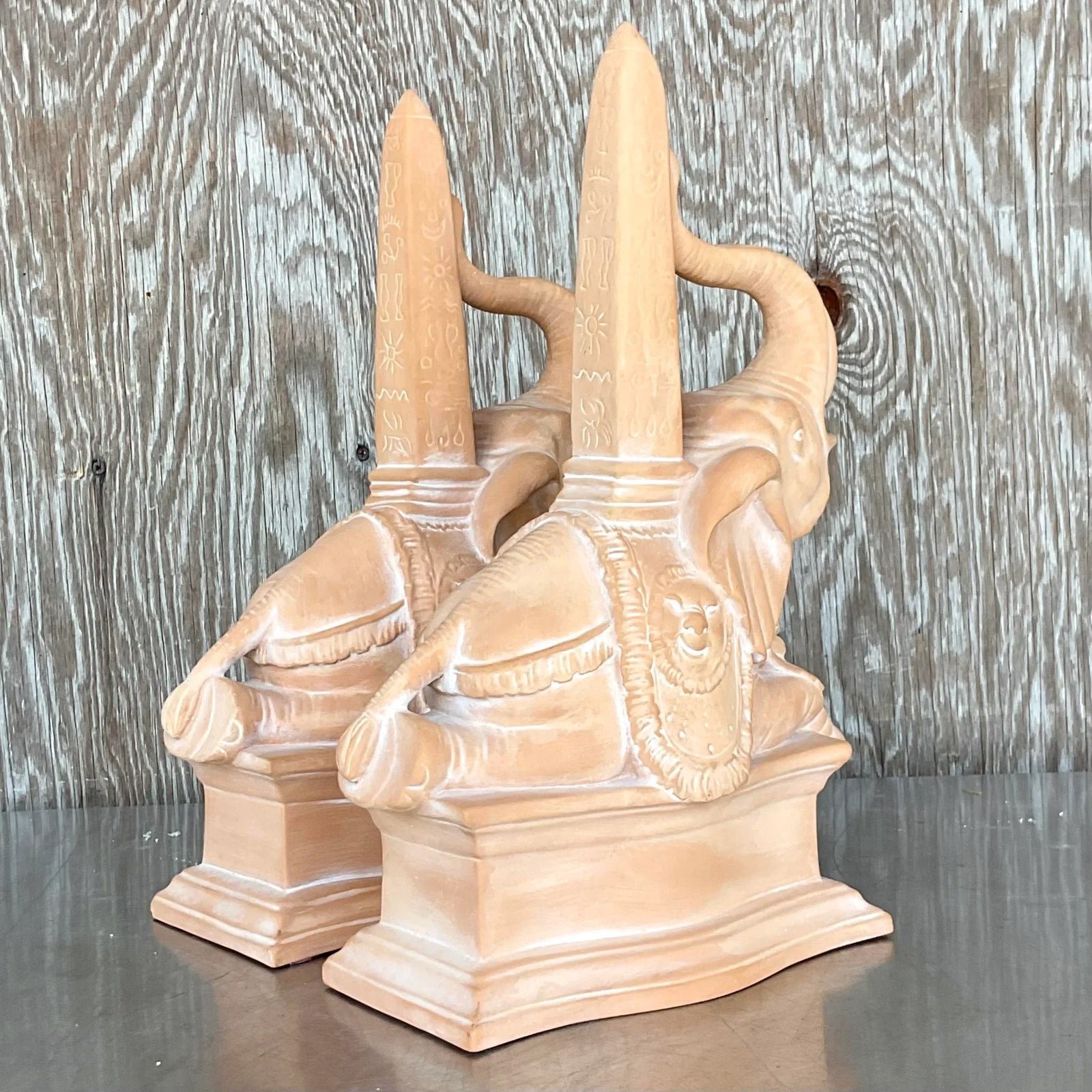 Vintage Regency Terra Cotta Elephant Obelisks - a Pair - Detail view