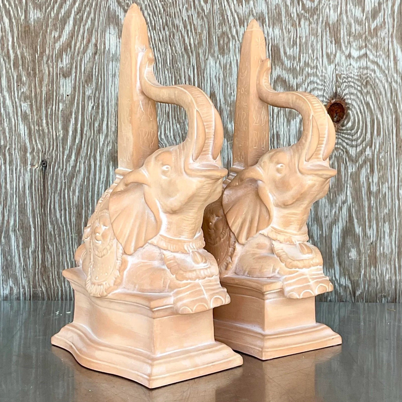 Vintage Regency Terra Cotta Elephant Obelisks - a Pair - Top view
