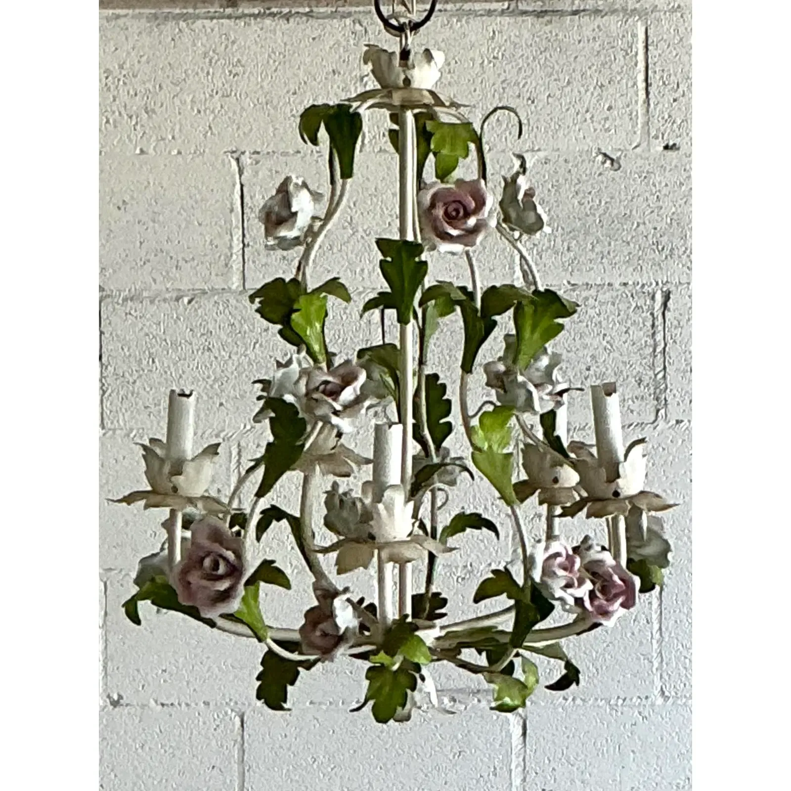 Vintage Regency Tole Roses Chandelier - Back view