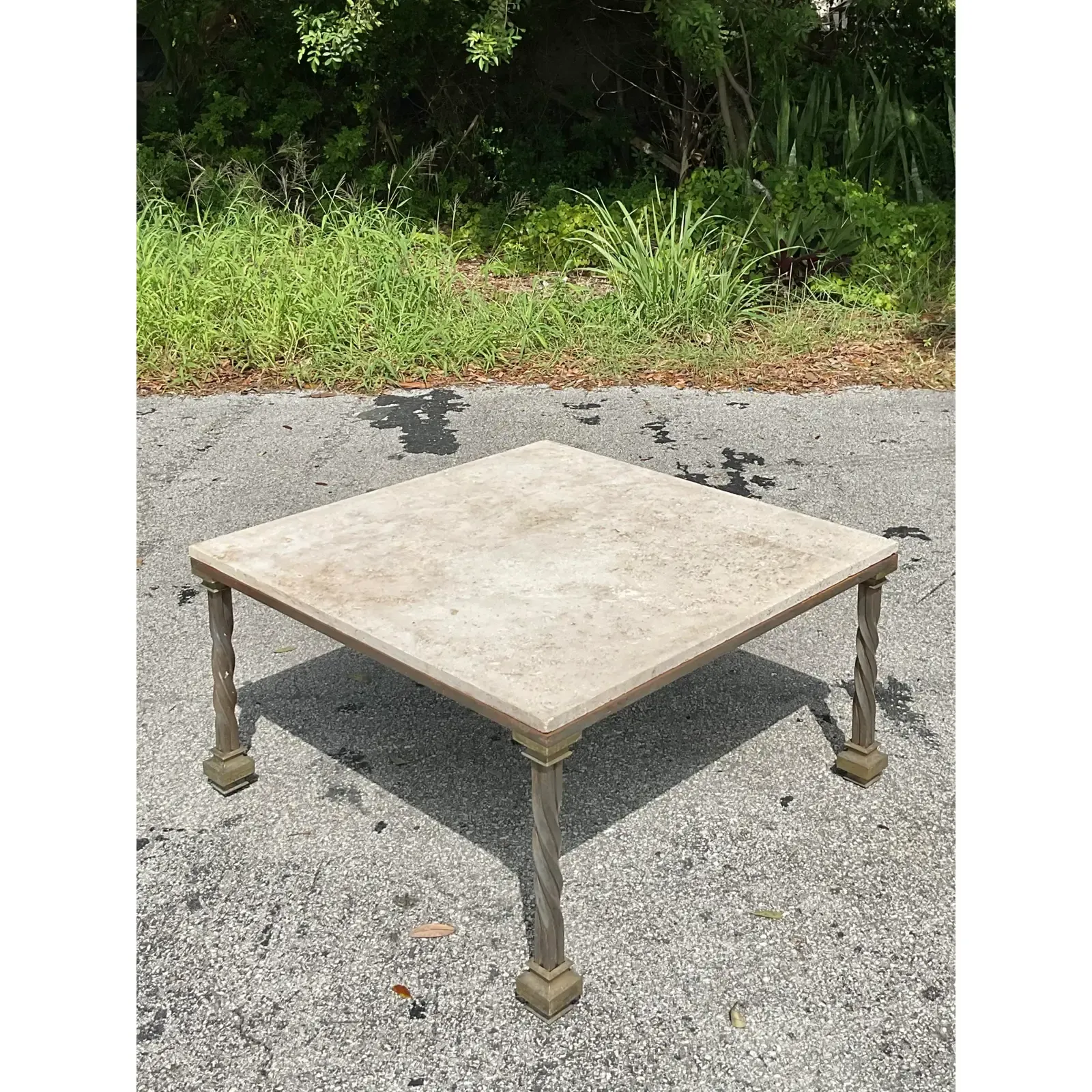 Vintage Regency Travertine and Brass Cap Coffee Table - Side view
