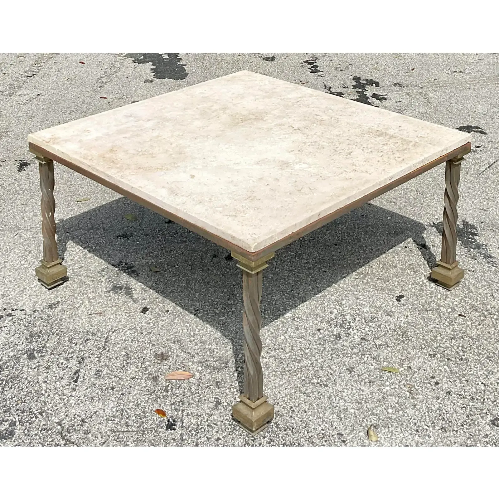 Vintage Regency Travertine and Brass Cap Coffee Table - Top view
