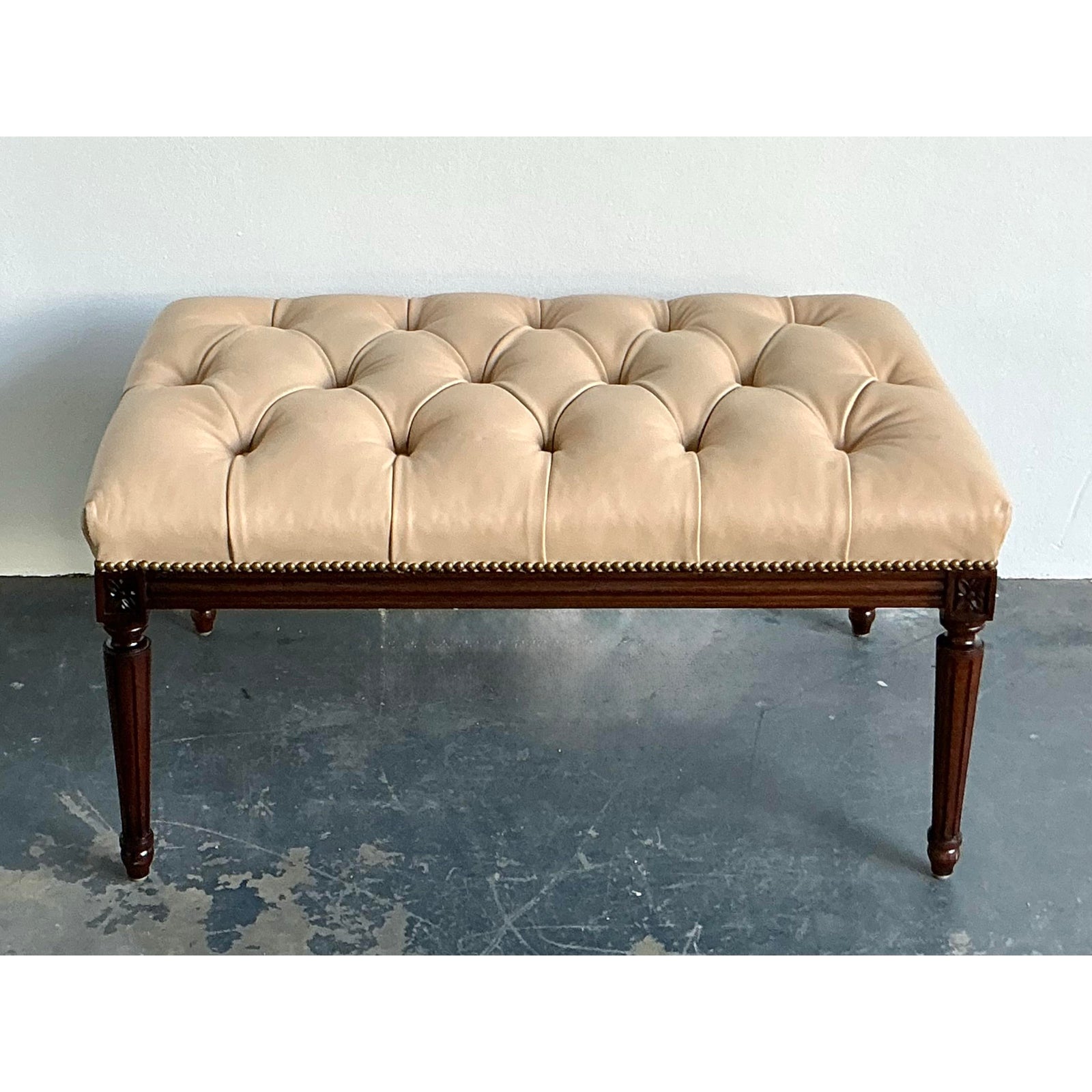 Vintage Regency Tufted Leather Bench - Side view