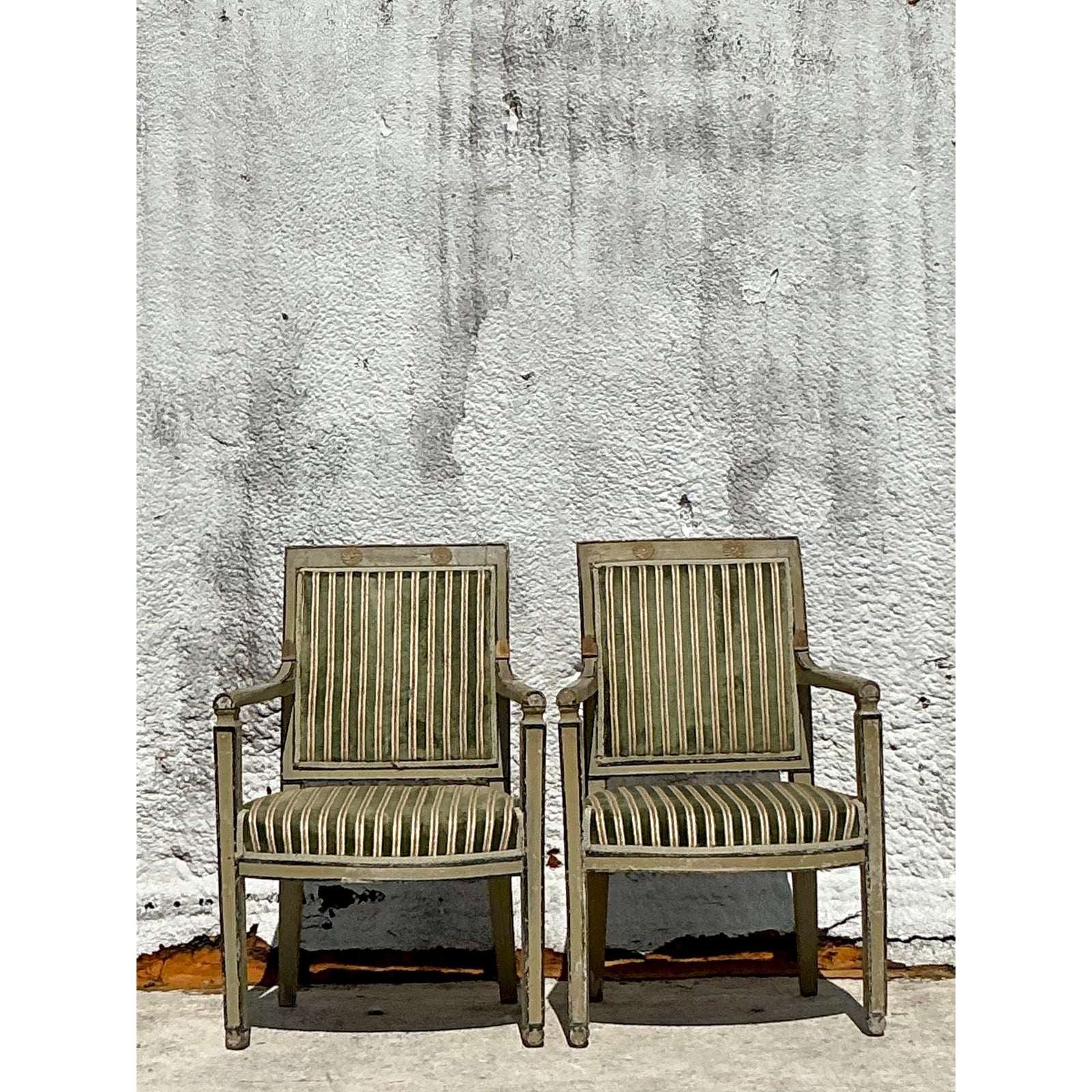 Vintage Regency Velvet Stripe Fauteuil Chairs - A Pair - Top view
