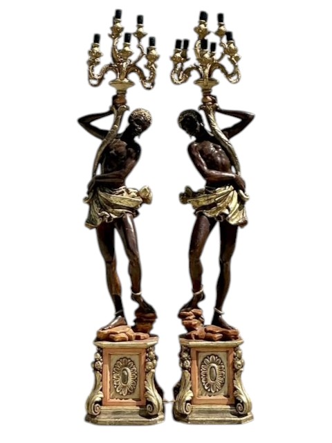 Vintage Regency Venetian Blackamoor Floor Candelabra Lamps - A Pair - Detail view