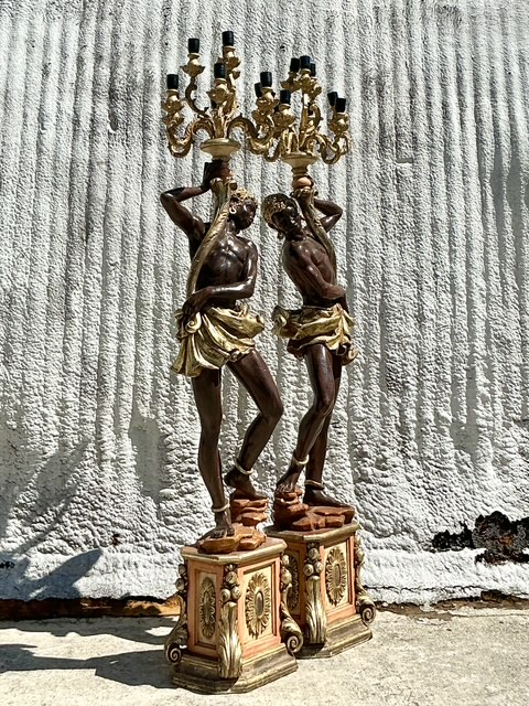 Vintage Regency Venetian Blackamoor Floor Candelabra Lamps - A Pair - Top view