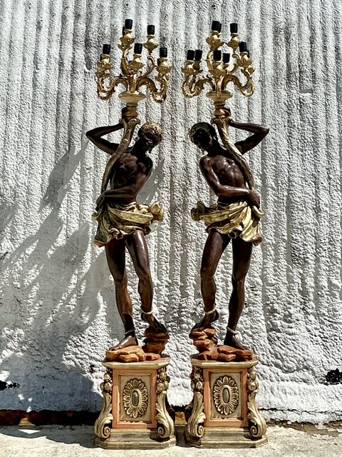 Vintage Regency Venetian Blackamoor Floor Candelabra Lamps - A Pair - Side view