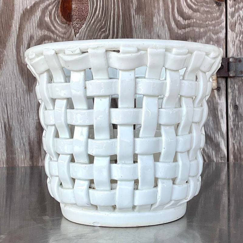 Vintage Regency Woven Glazed Ceramic Cache Pot - Top view