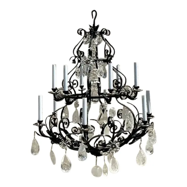 Vintage Regency Wrought Iron and Rock Crystal Chandelier