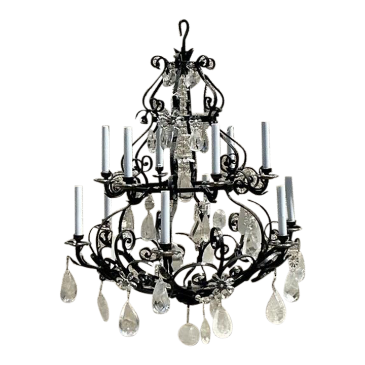 Vintage Regency Wrought Iron and Rock Crystal Chandelier - Detail view