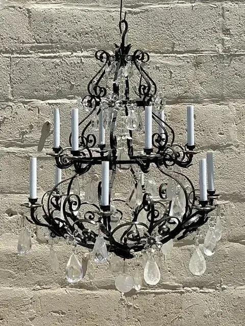 Vintage Regency Wrought Iron and Rock Crystal Chandelier - Side view