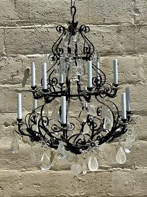 Vintage Regency Wrought Iron and Rock Crystal Chandelier - Back view