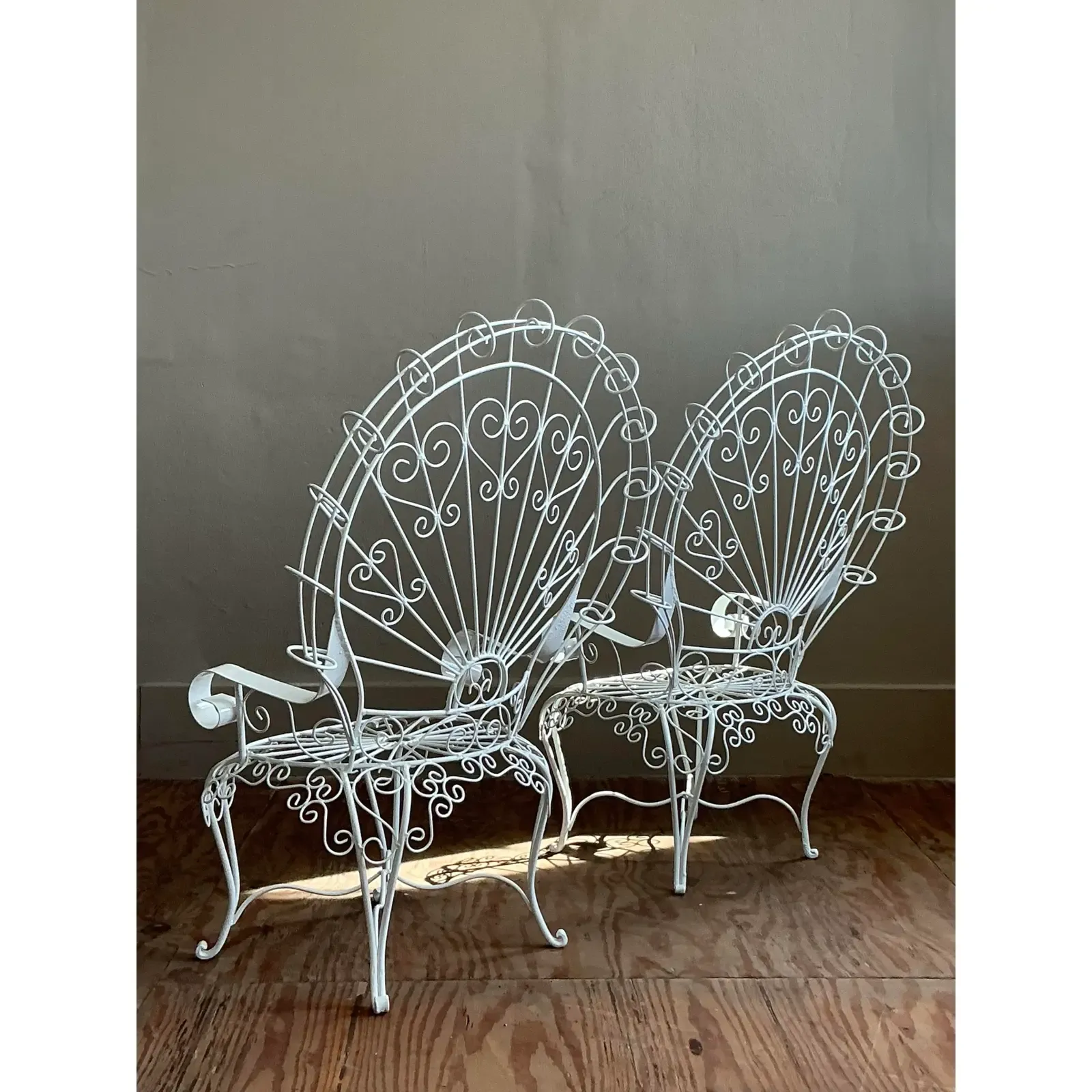 Vintage Regency Wrought Iron Peacock Salon Chairs After Salterini - A Pair - Top view