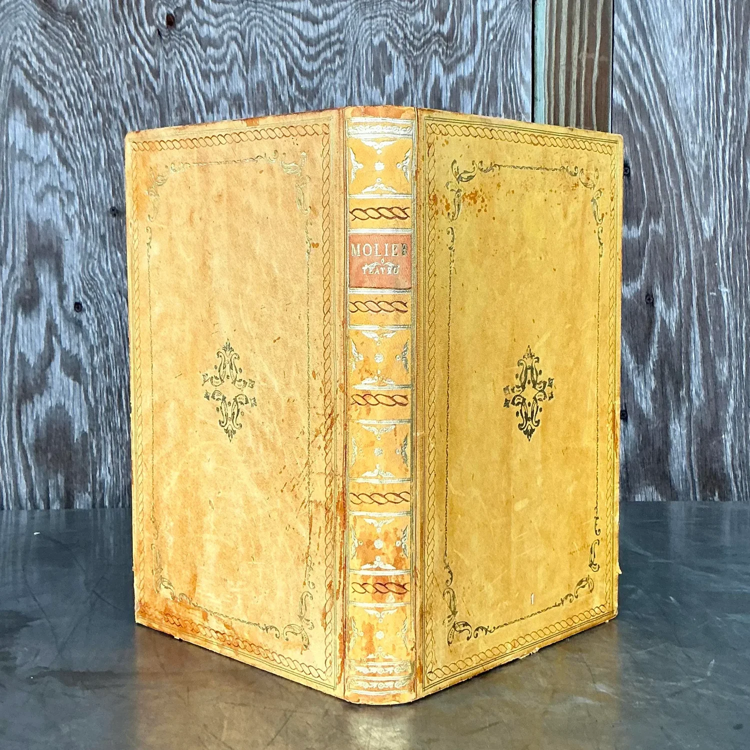 Vintage Regency Yellow Embossed Book Trash Can - Top view