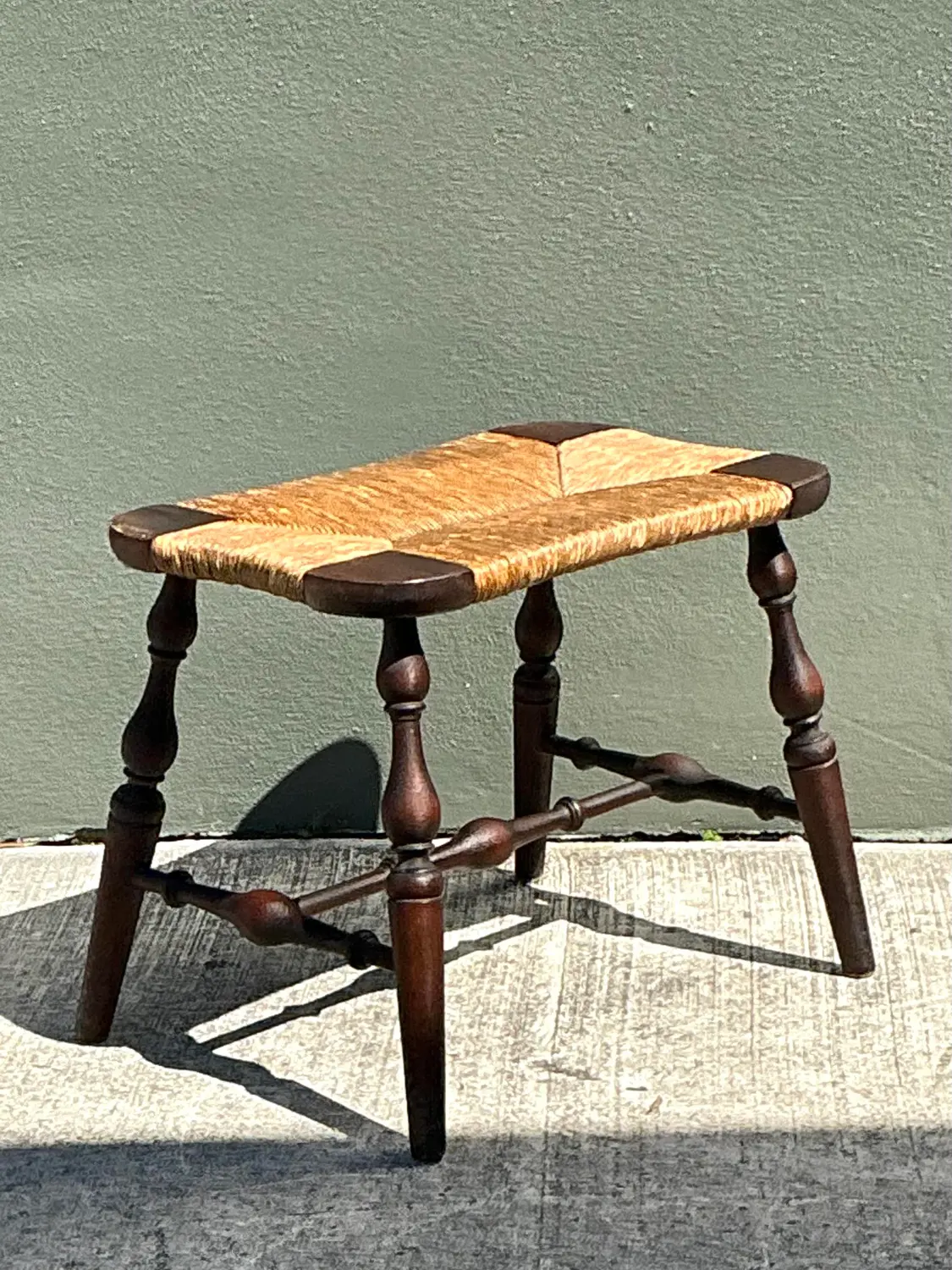 Vintage Rush Seat Turned Wood Low Stool - Top view