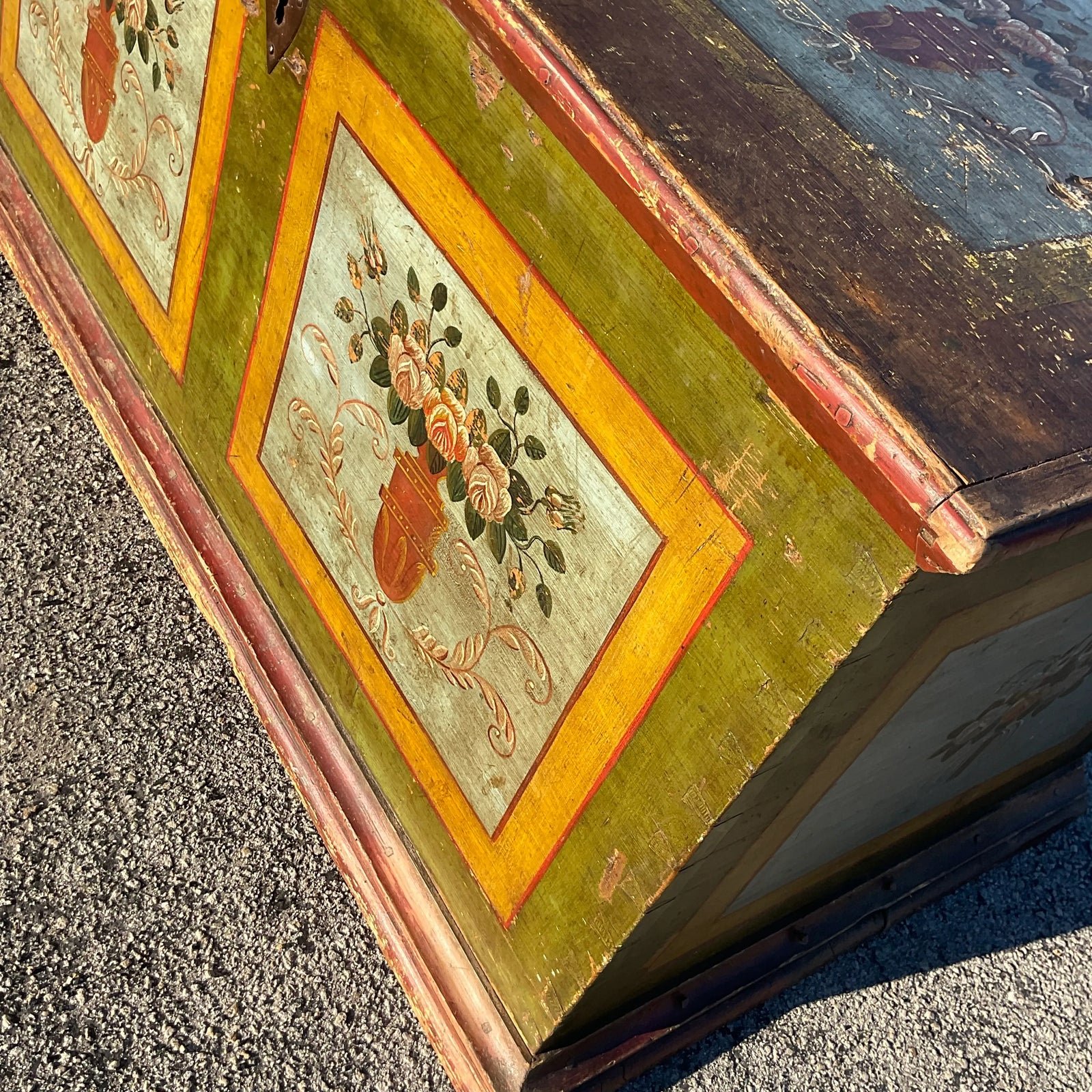 Vintage Rustic Norwegian Hand Painted Blanket Chest - Side view