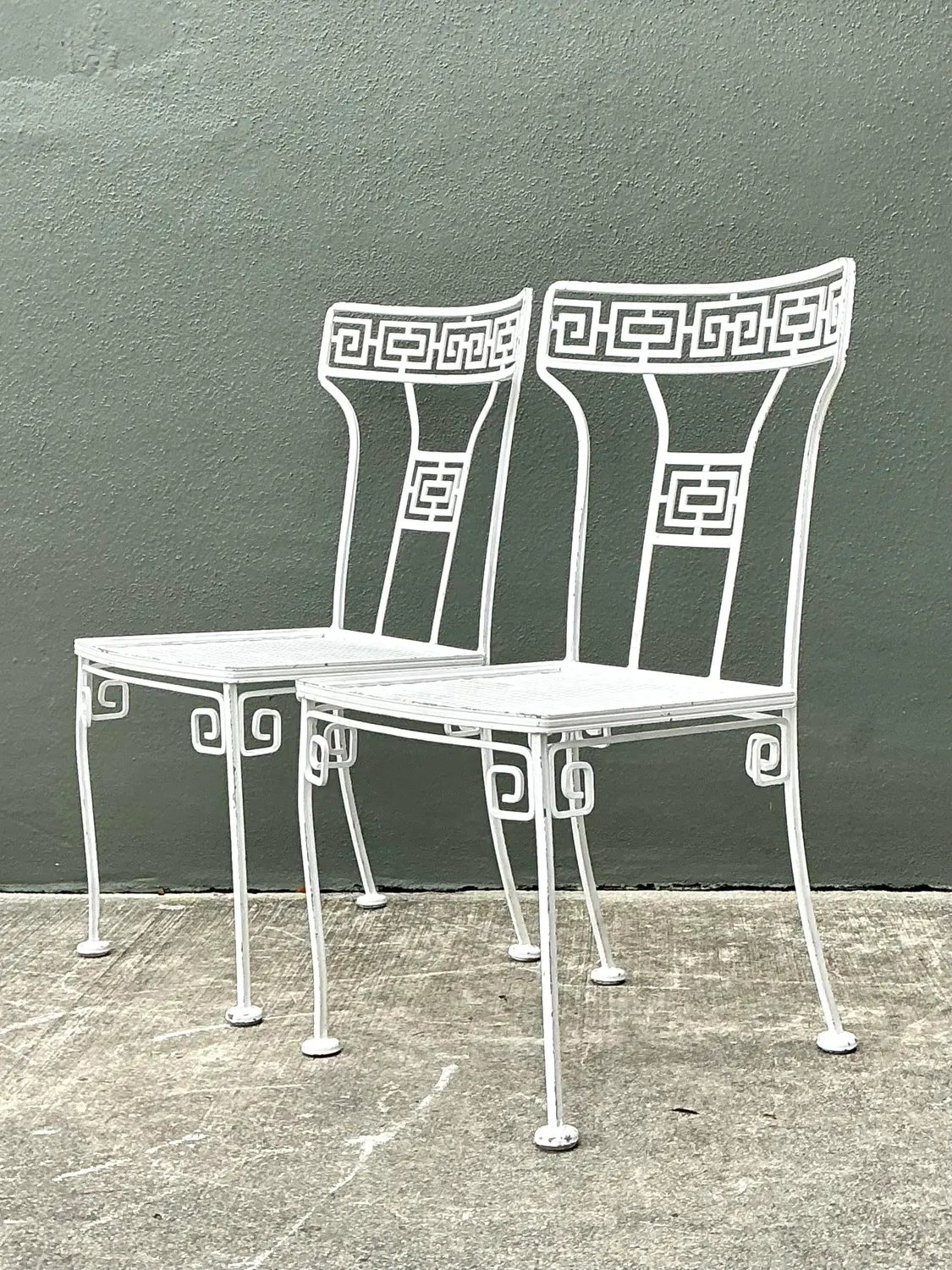 Vintage Salterini Greek Key Wrought Iron Dining Chairs - A Pair - Back view