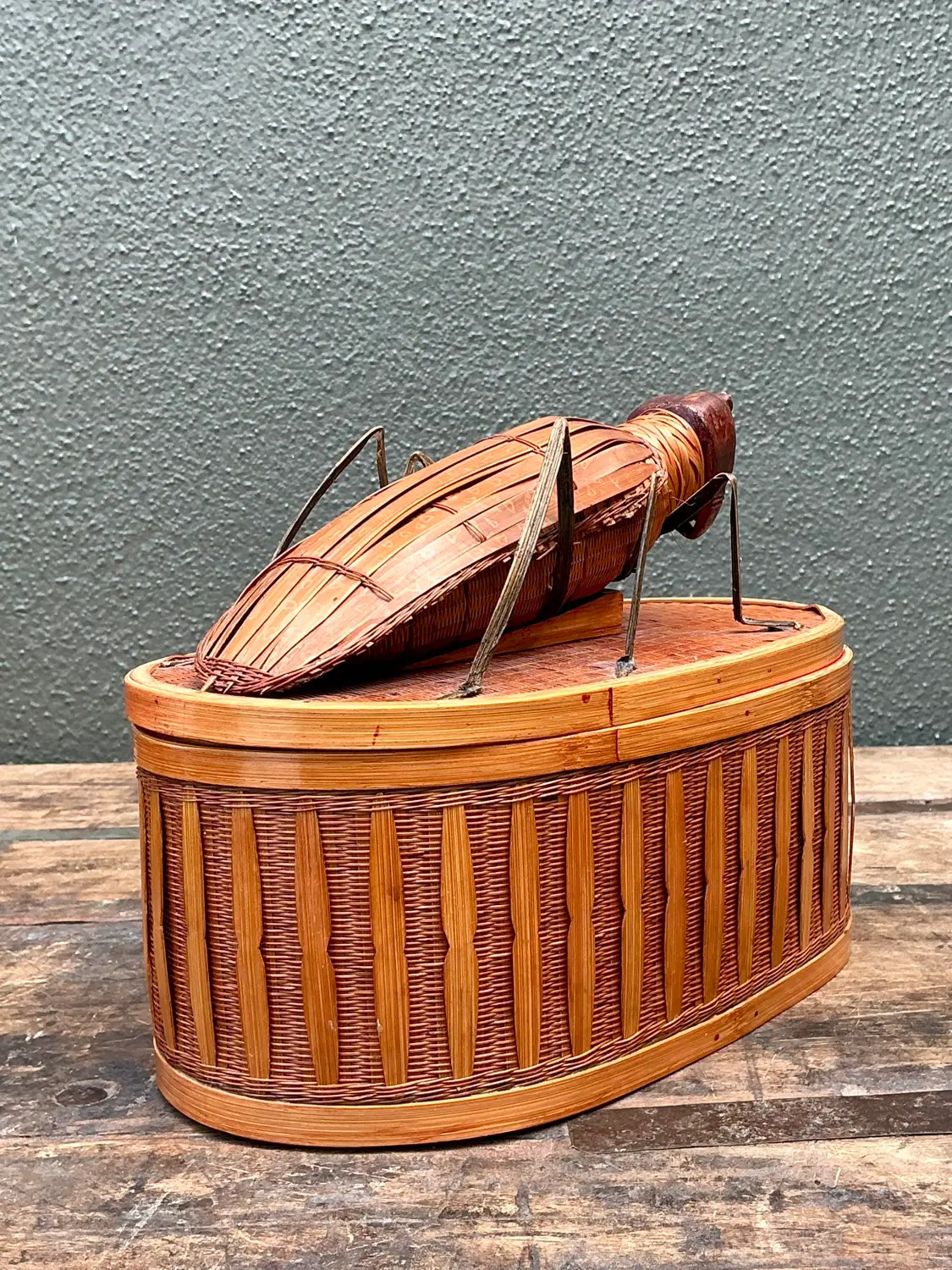 Vintage Shanghai Weave Woven Rattan Bug Box - Back view