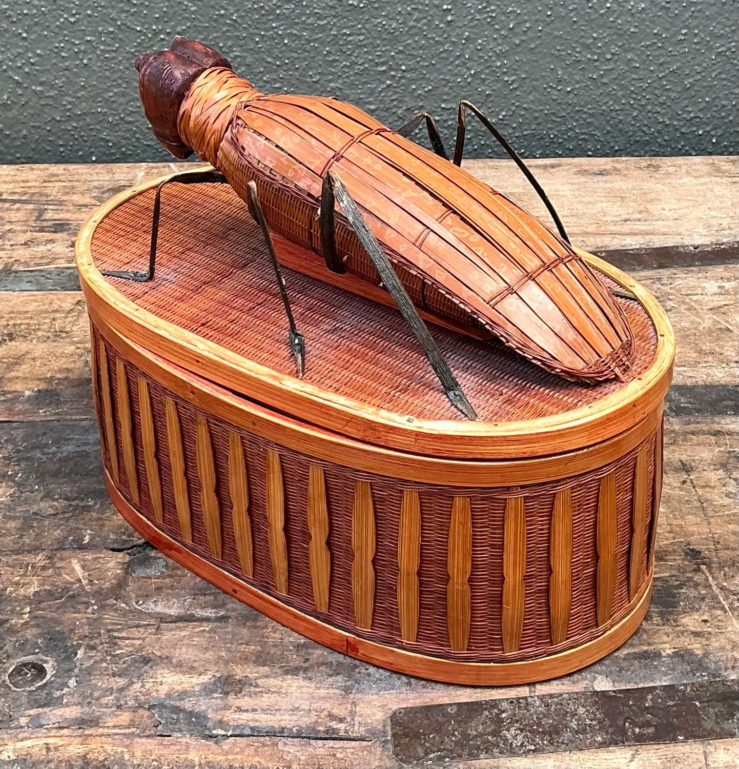 Vintage Shanghai Weave Woven Rattan Bug Box - Side view