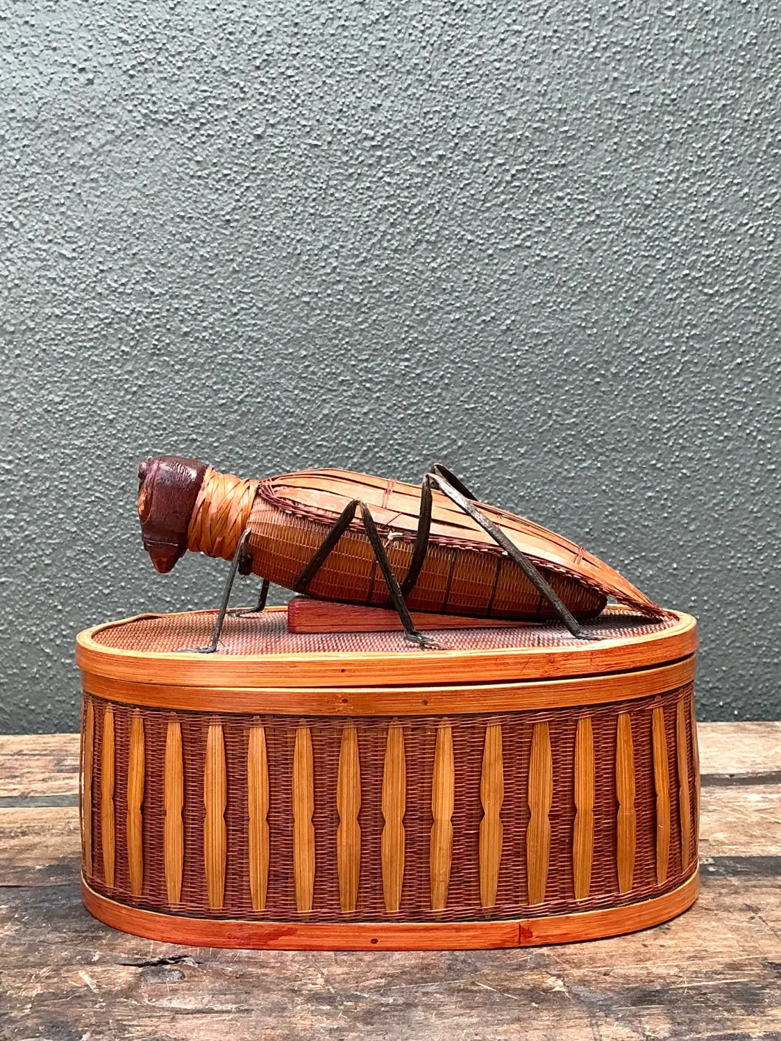 Vintage Shanghai Weave Woven Rattan Bug Box - Top view