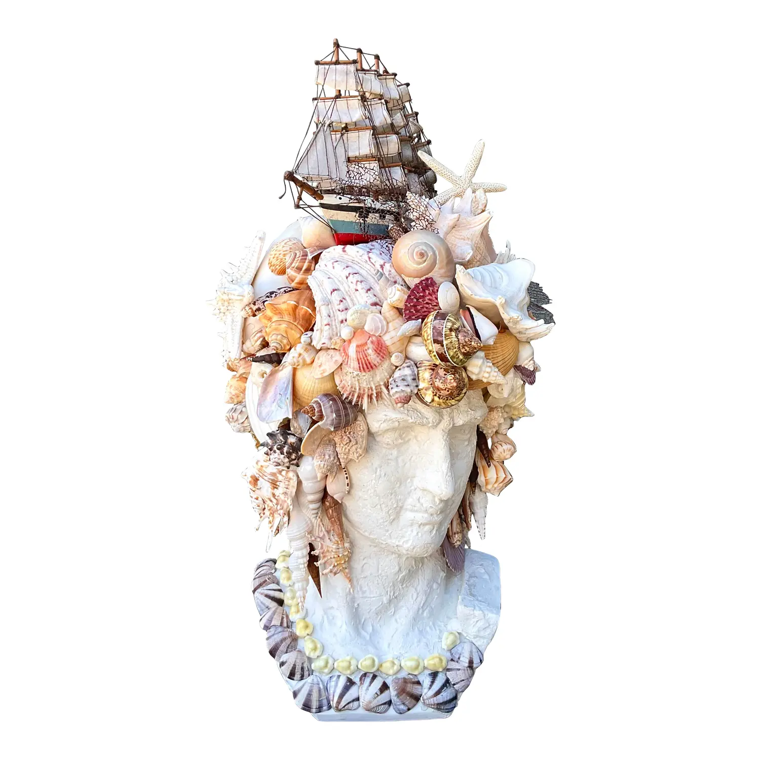 Vintage Shell Encrusted Bust of Man With Sailing Ship