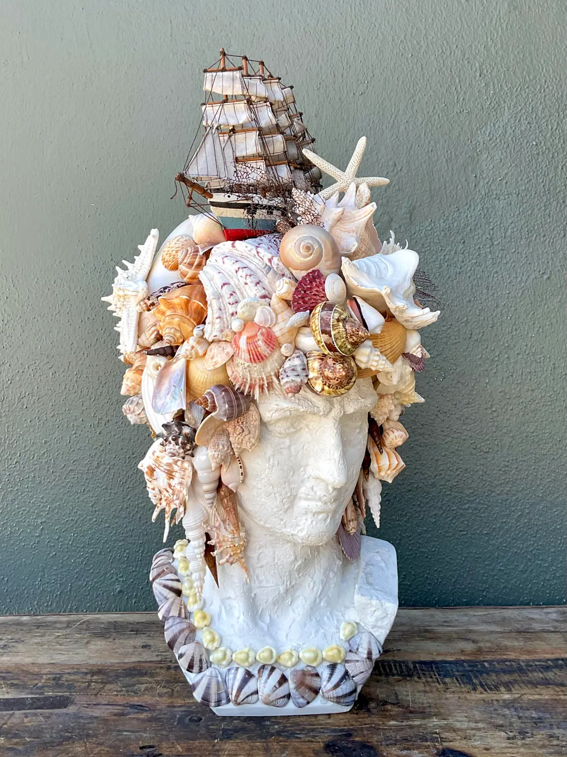 Vintage Shell Encrusted Bust of Man With Sailing Ship - Top view