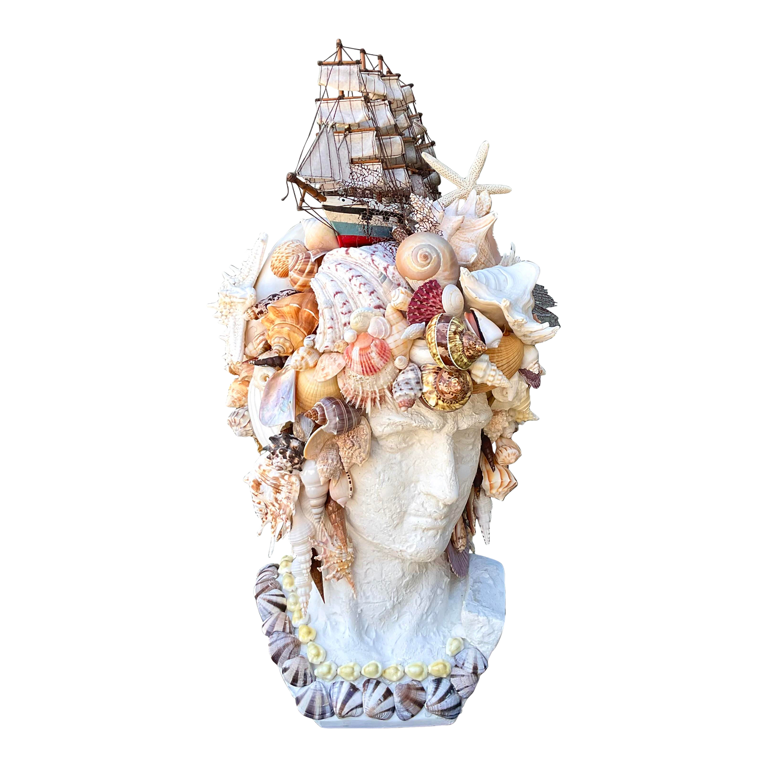 Vintage Shell Encrusted Bust of Man With Sailing Ship - Detail view