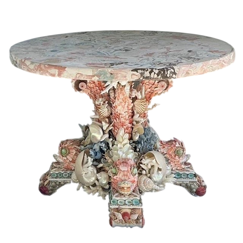 Vintage Shell Encrusted Center Hall Table With Scagliola Pigmented Plaster Top