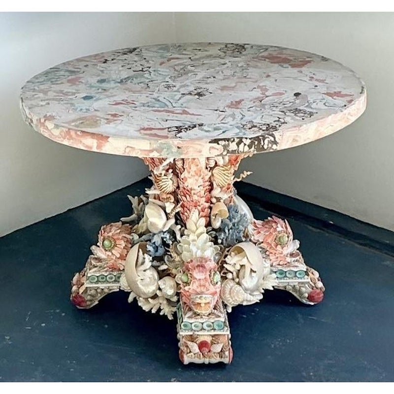 Vintage Shell Encrusted Center Hall Table With Scagliola Pigmented Plaster Top - Top view