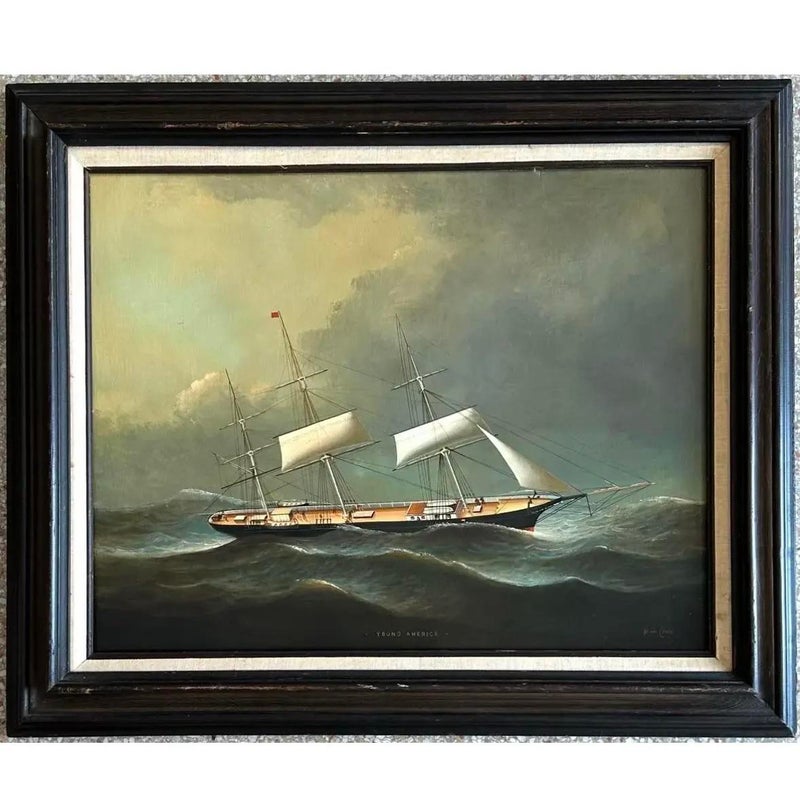Vintage Ship Seascape Oil Painting in Frame
