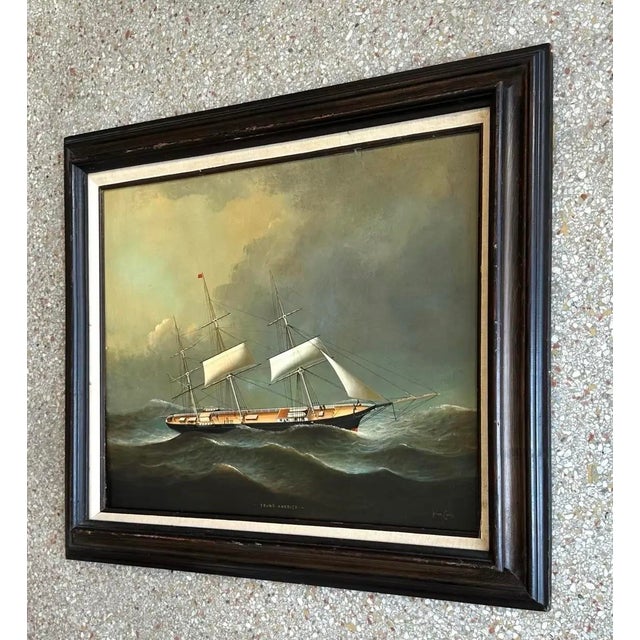 Vintage Ship Seascape Oil Painting in Frame - Back view