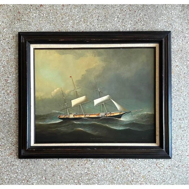 Vintage Ship Seascape Oil Painting in Frame - Side view