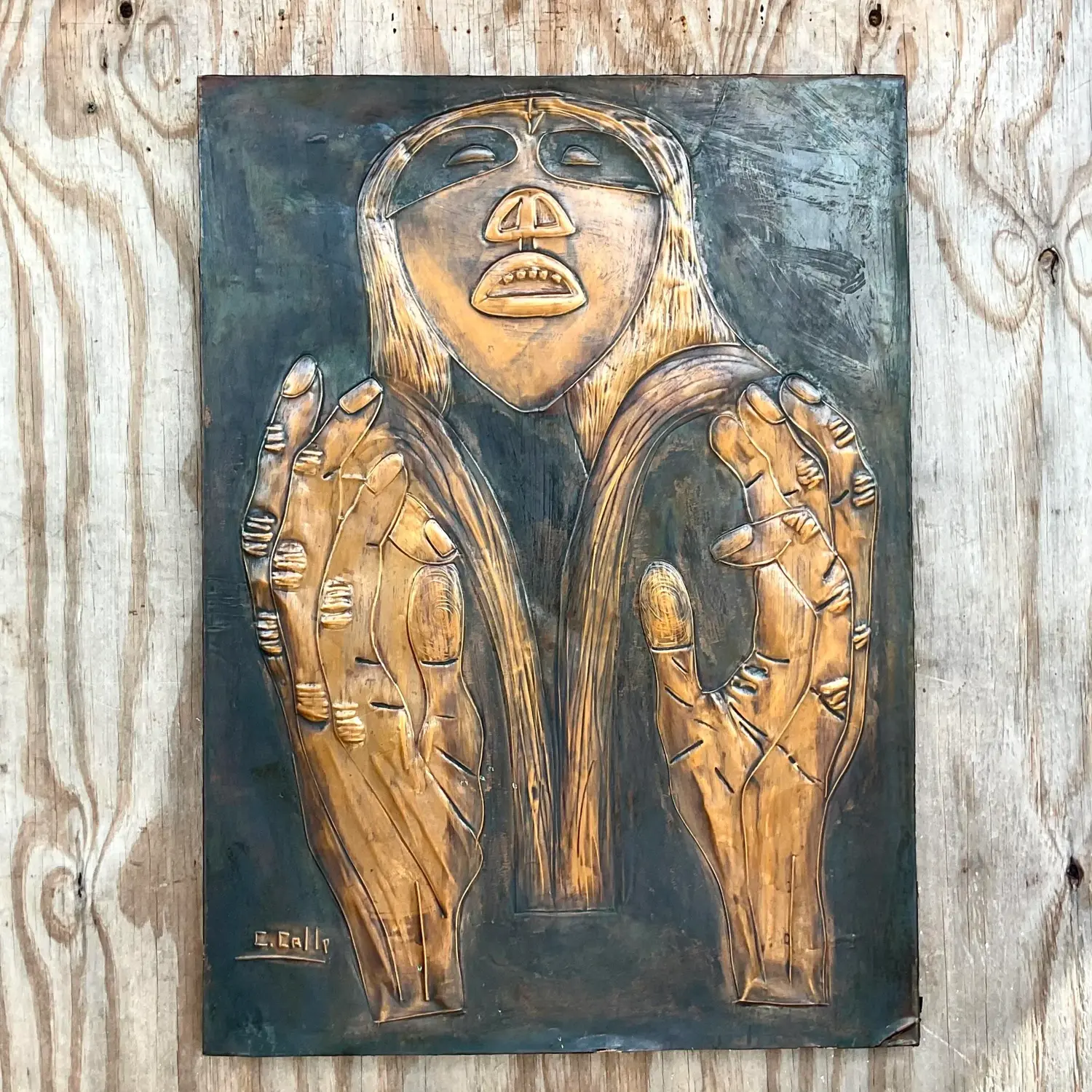 Vintage Signed Hand Hammered Copper Face - Back view