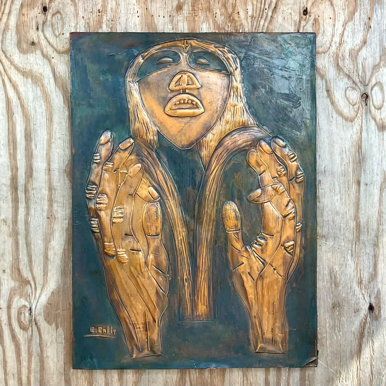 Vintage Signed Hand Hammered Copper Face - Side view