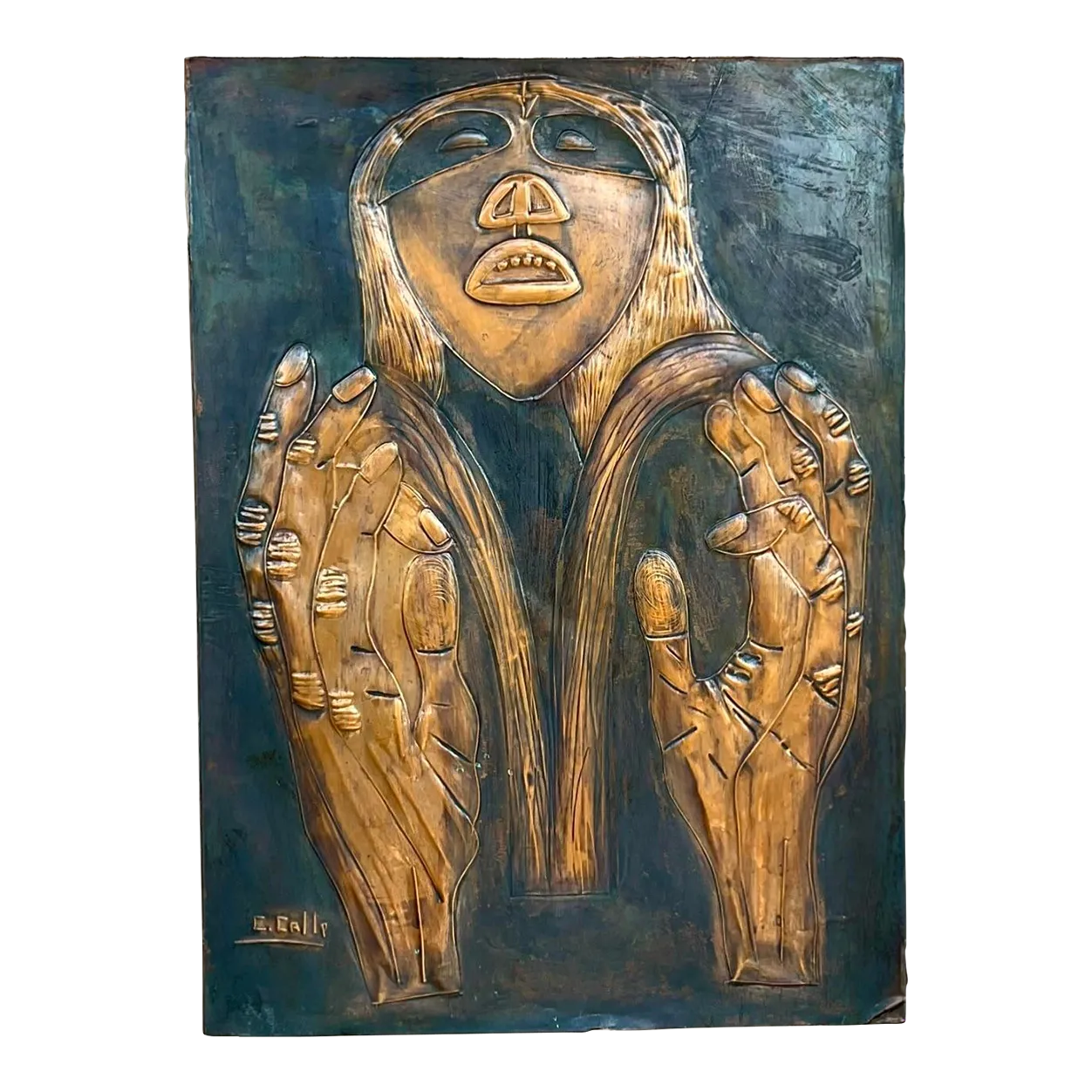 Vintage Signed Hand Hammered Copper Face - Detail view
