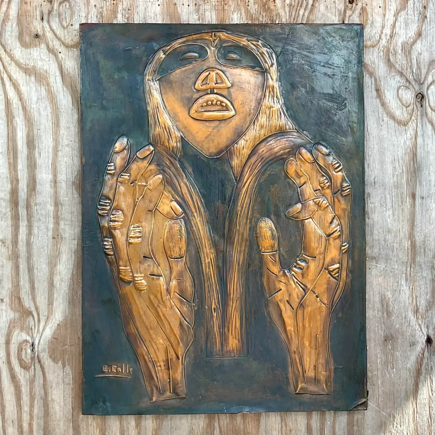 Vintage Signed Hand Hammered Copper Face - Top view