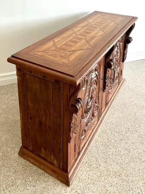 Vintage Spanish Carved Pecky Cypress Cabinet - Top view