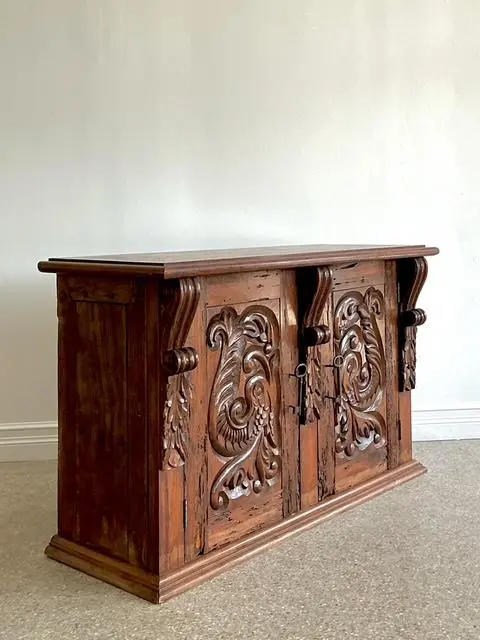 Vintage Spanish Carved Pecky Cypress Cabinet - Detail view