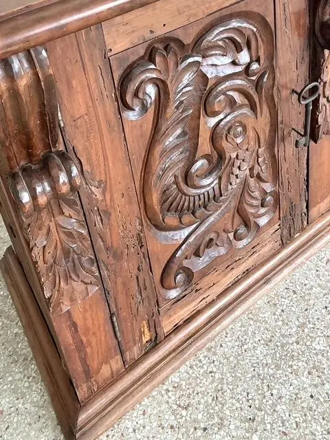 Vintage Spanish Carved Pecky Cypress Cabinet - Side view
